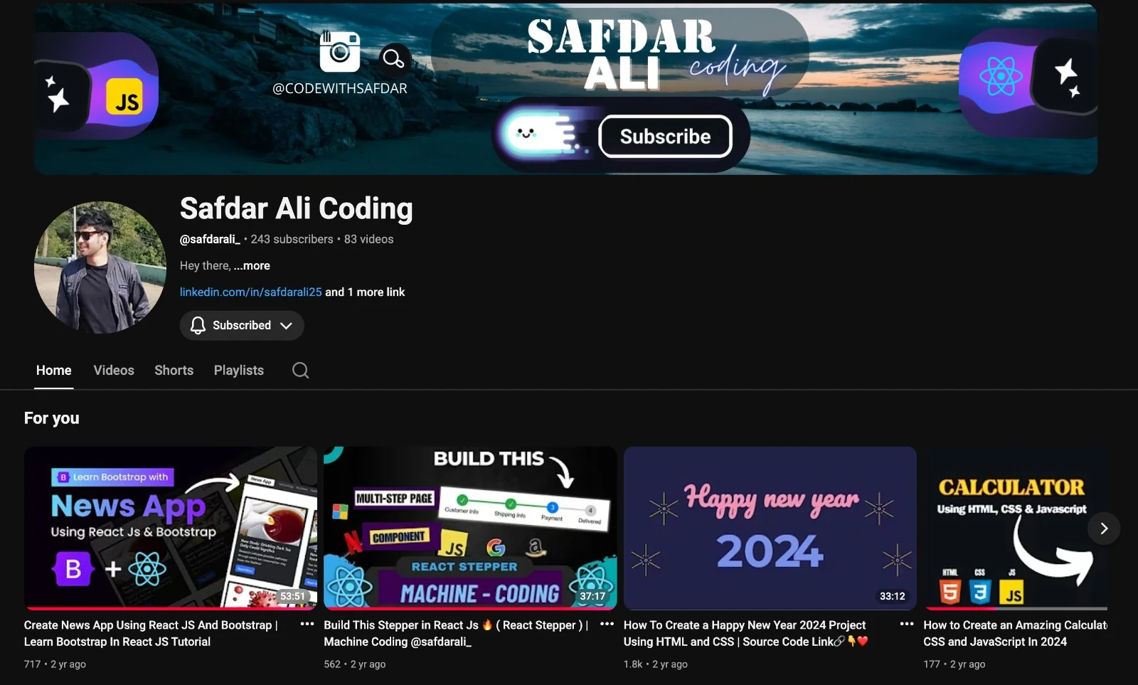 Safdar Ali Coding YouTube channel — React and Next.js tutorials at youtube.com/@safdarali_ Safdar Ali Coding YouTube channel — React and Next.js tutorials at youtube.com/@safdarali_